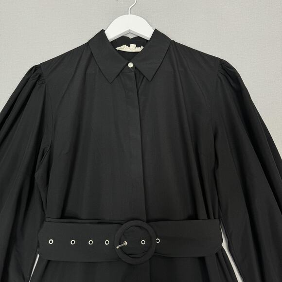 Wishing Waves Belted Shirt Dress Womens Large Black Poplin Mini Ruffle Hem - Picture 3 of 15